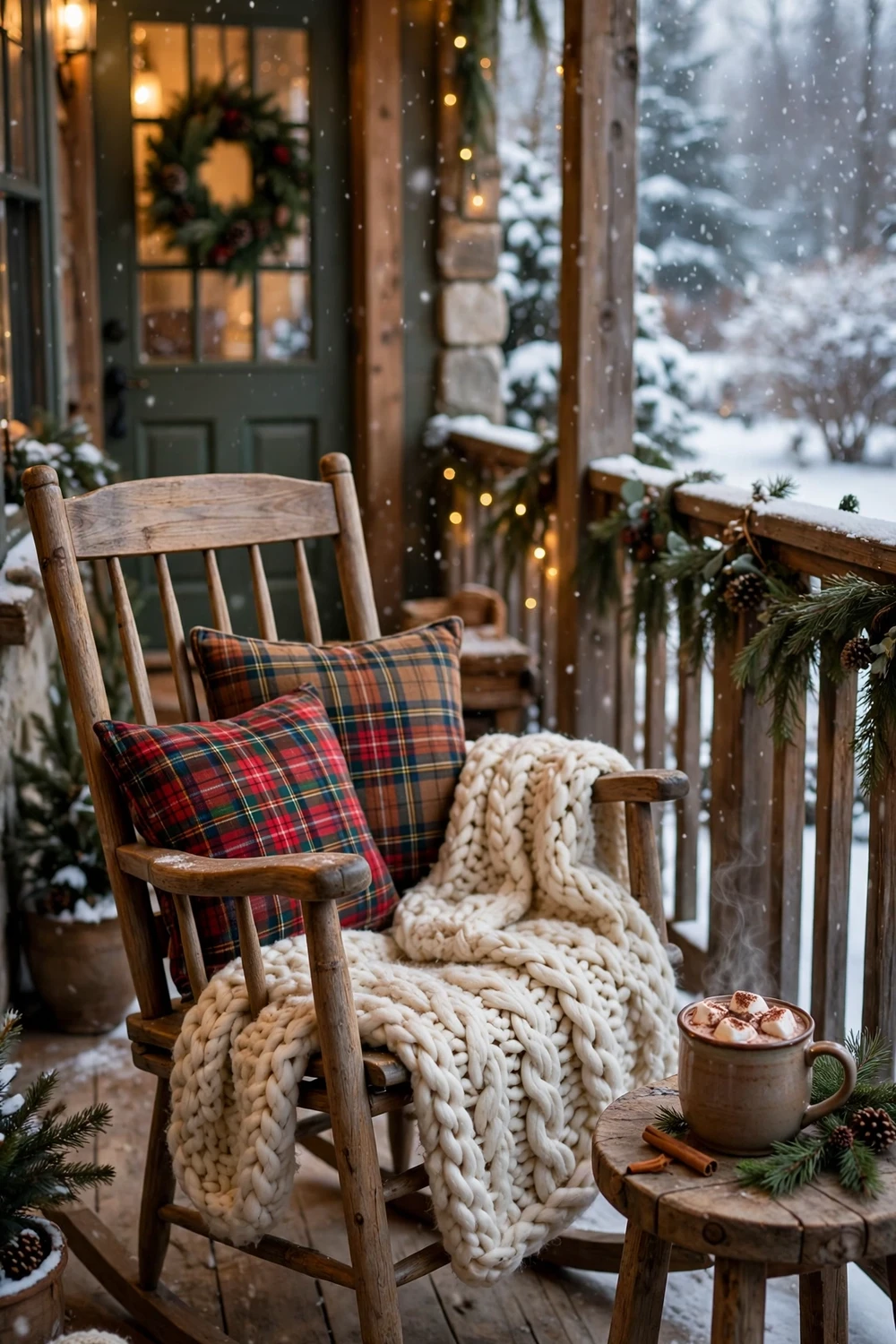 Cozy winter front porch seating with rocking chair, knit blanket and hot cocoa