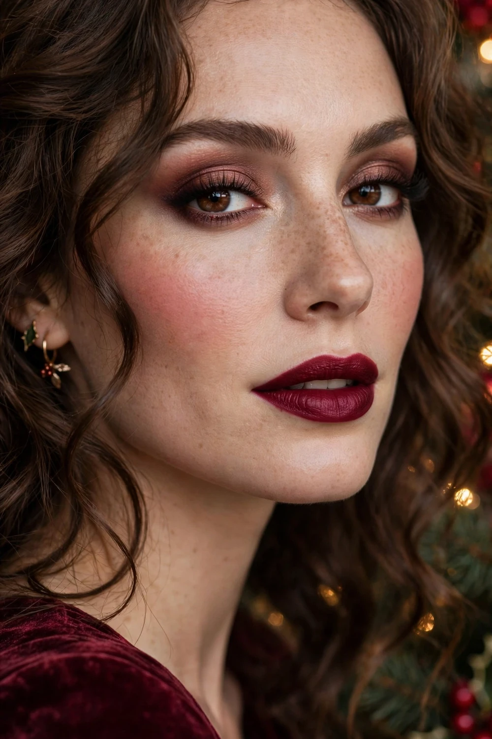 Berry burgundy holiday Christmas makeup look with deep berry lipstick and soft smoky eyes