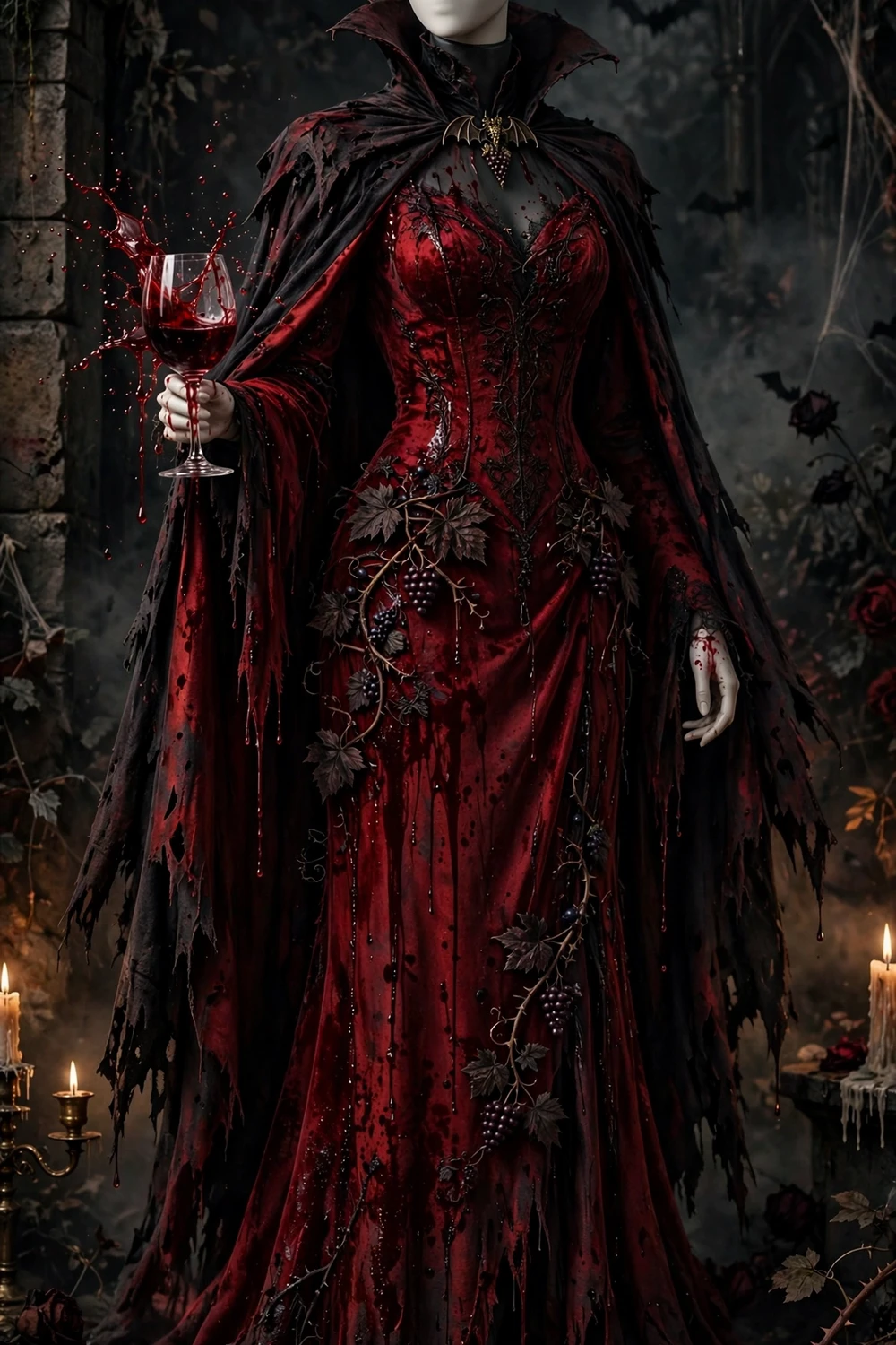 Bloody wine vampire Halloween costume idea with red gown and wine glass
