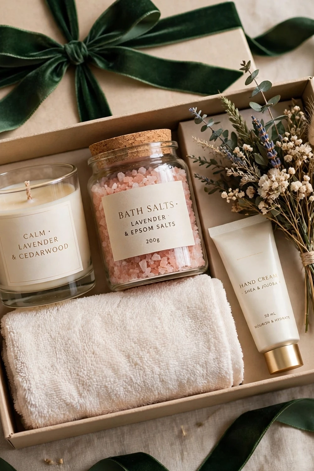 Spa and self-care gift box with candle, bath salts and hand cream, a relaxing teacher christmas gift