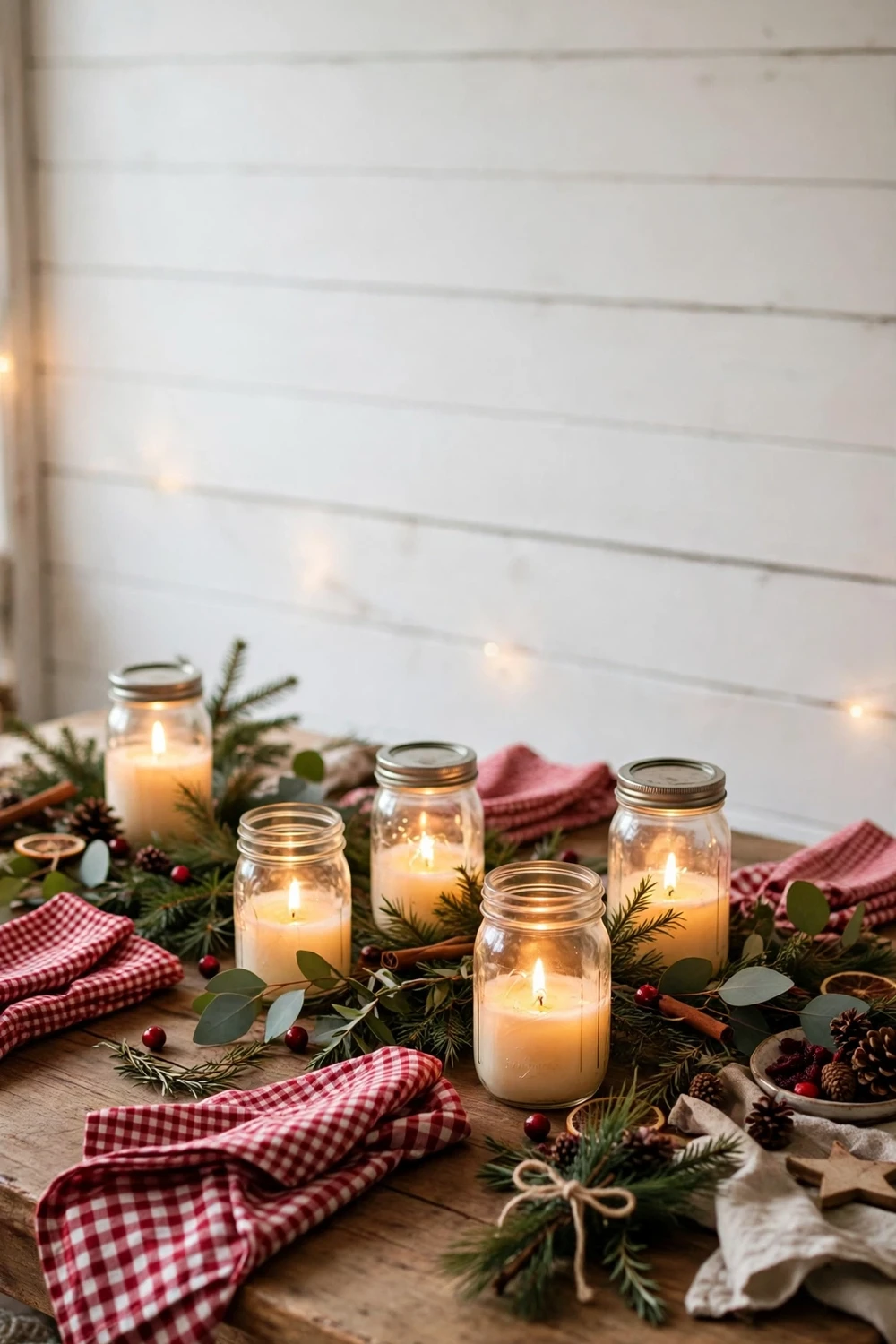 Cozy farmhouse Christmas table with red gingham napkins, mason jar candles and simple greenery