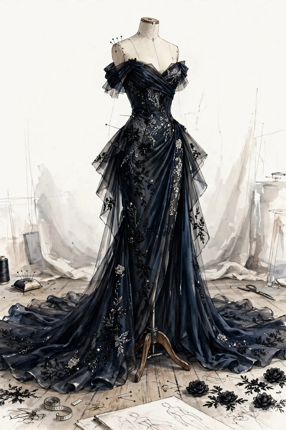 Floor-sweeping couture gown train illustration