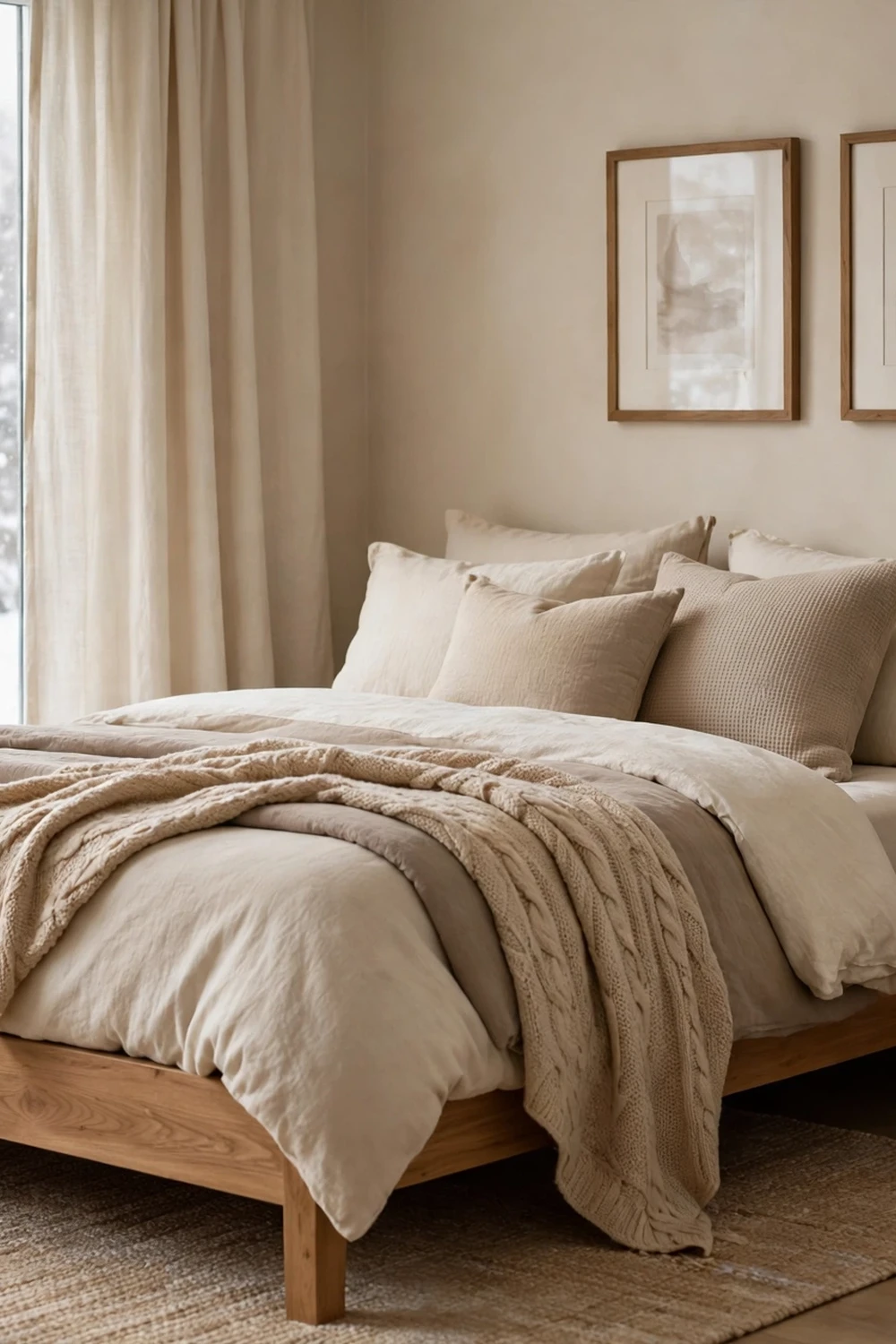 Cozy winter bedroom in warm neutral cream and beige tones
