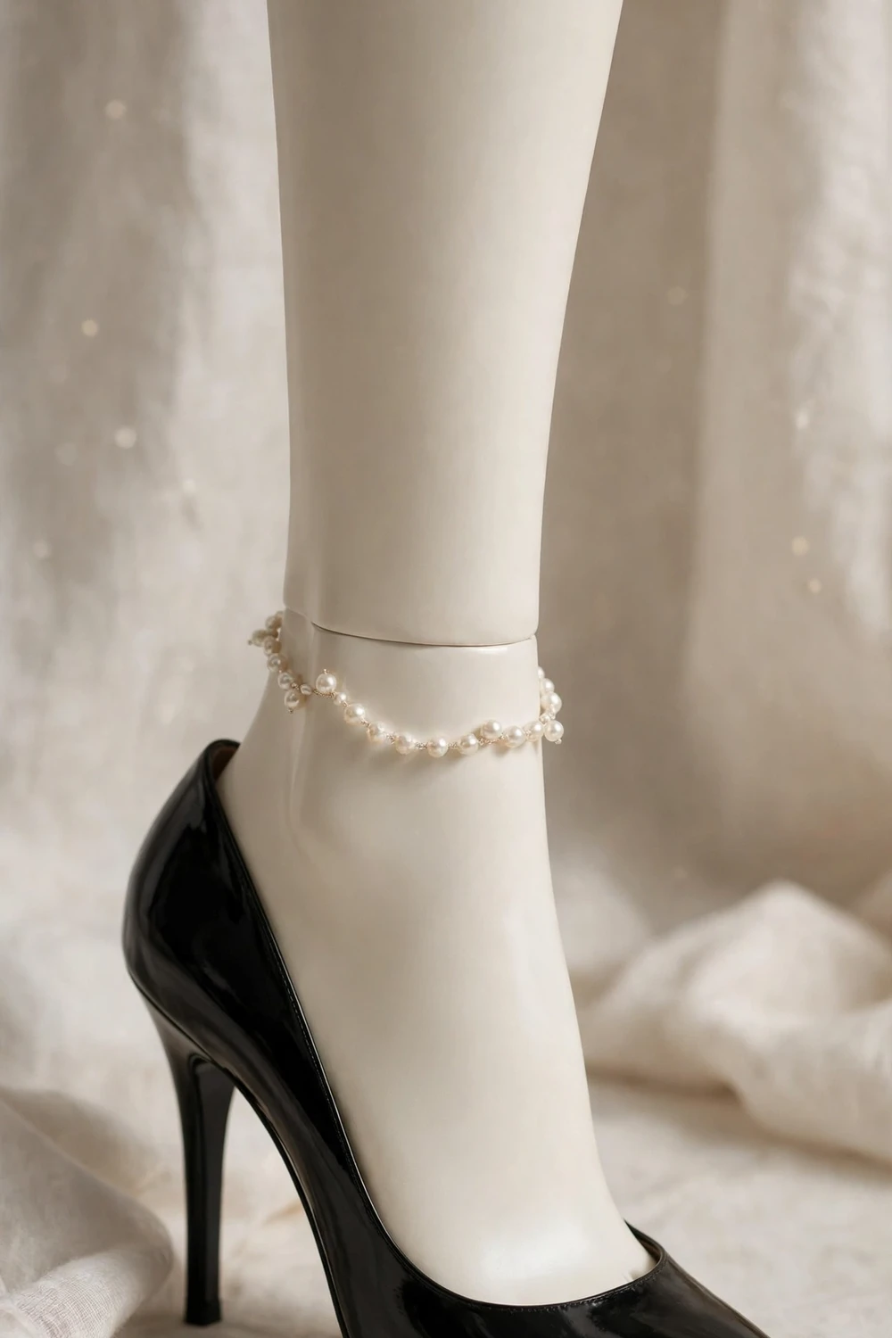 Pearl necklace worn as an anklet on a faceless mannequin ankle above a black pump