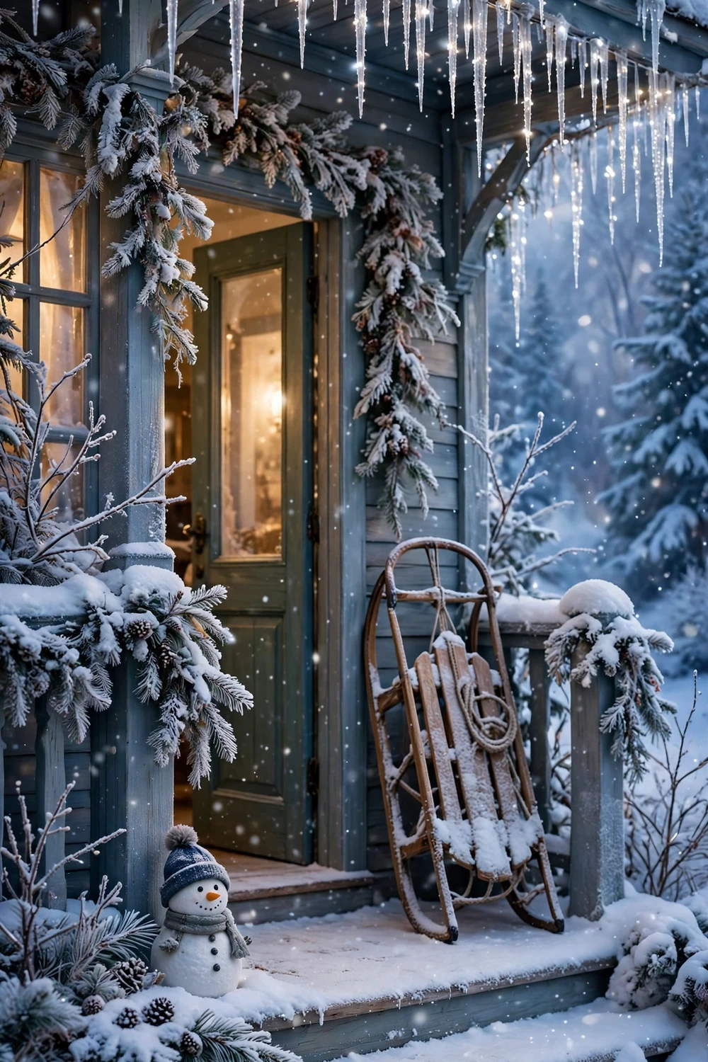 Snowy storybook winter front porch with frosted evergreens and icicle lights