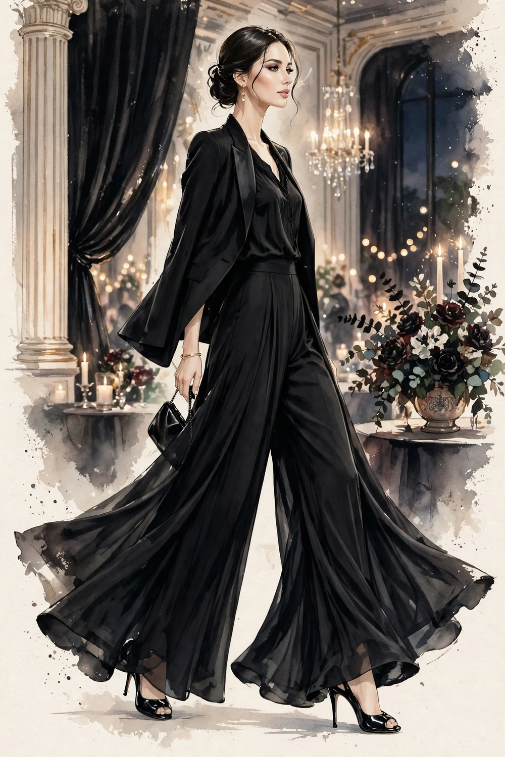 Black peep-toe heels with wide-leg evening jumpsuit trousers