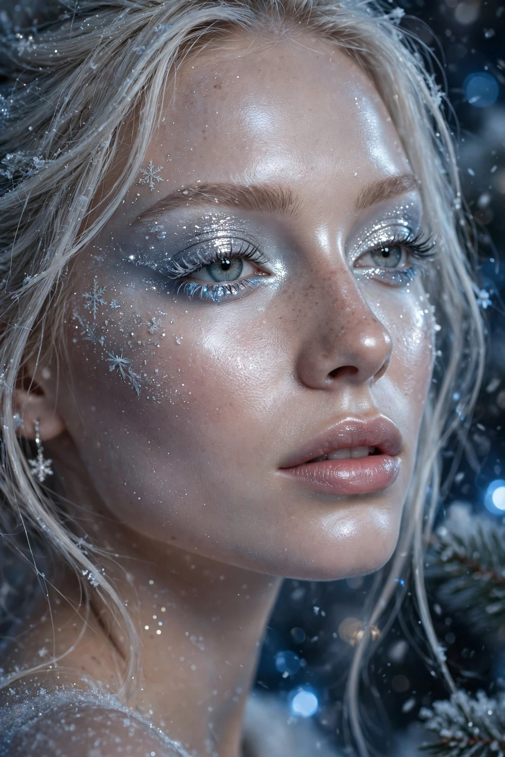 Silver winter wonderland Christmas makeup look with frosty silver glitter eyeshadow