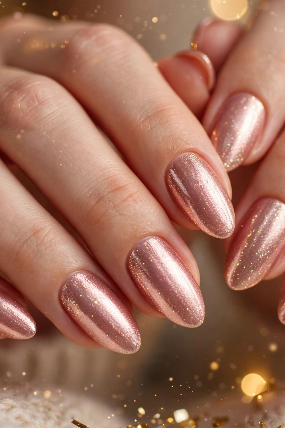 Rose gold shimmer almond new year nail ideas