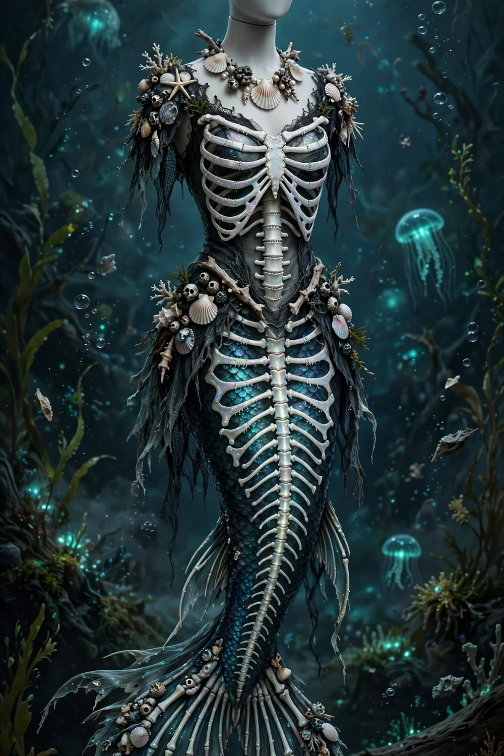 Skeleton mermaid Halloween costume idea with skeleton tail and seashells