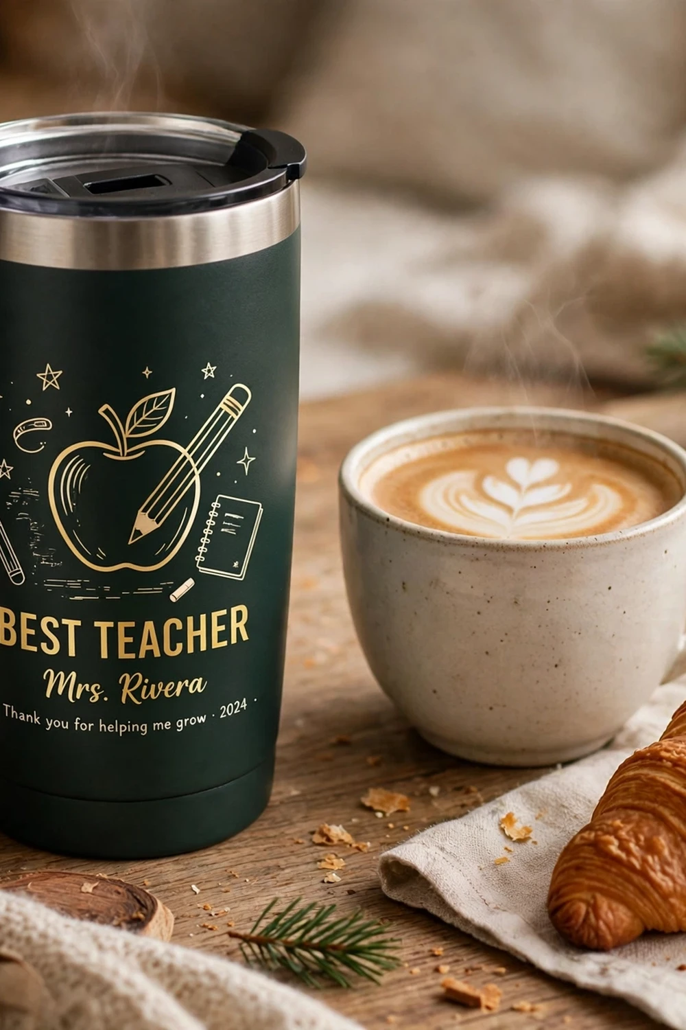 Personalized insulated coffee tumbler for a teacher, a coffee lover teacher christmas gift