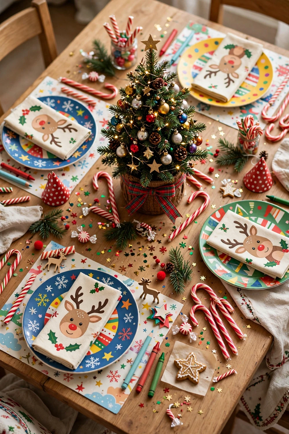 Playful kids Christmas table with colorful plates, candy cane decorations and a small Christmas tree centerpiece
