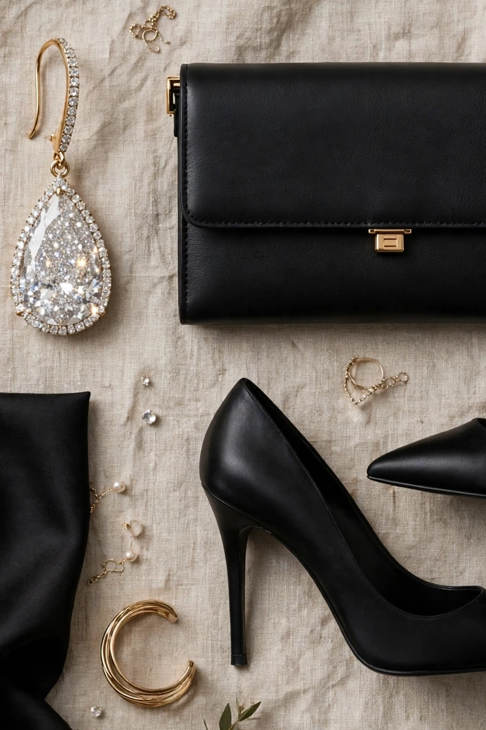 Statement evening accessories flat lay with earrings clutch and heels