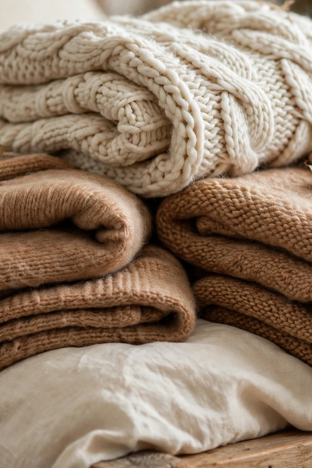 Chunky knit throws folded at the foot of a cozy winter bed