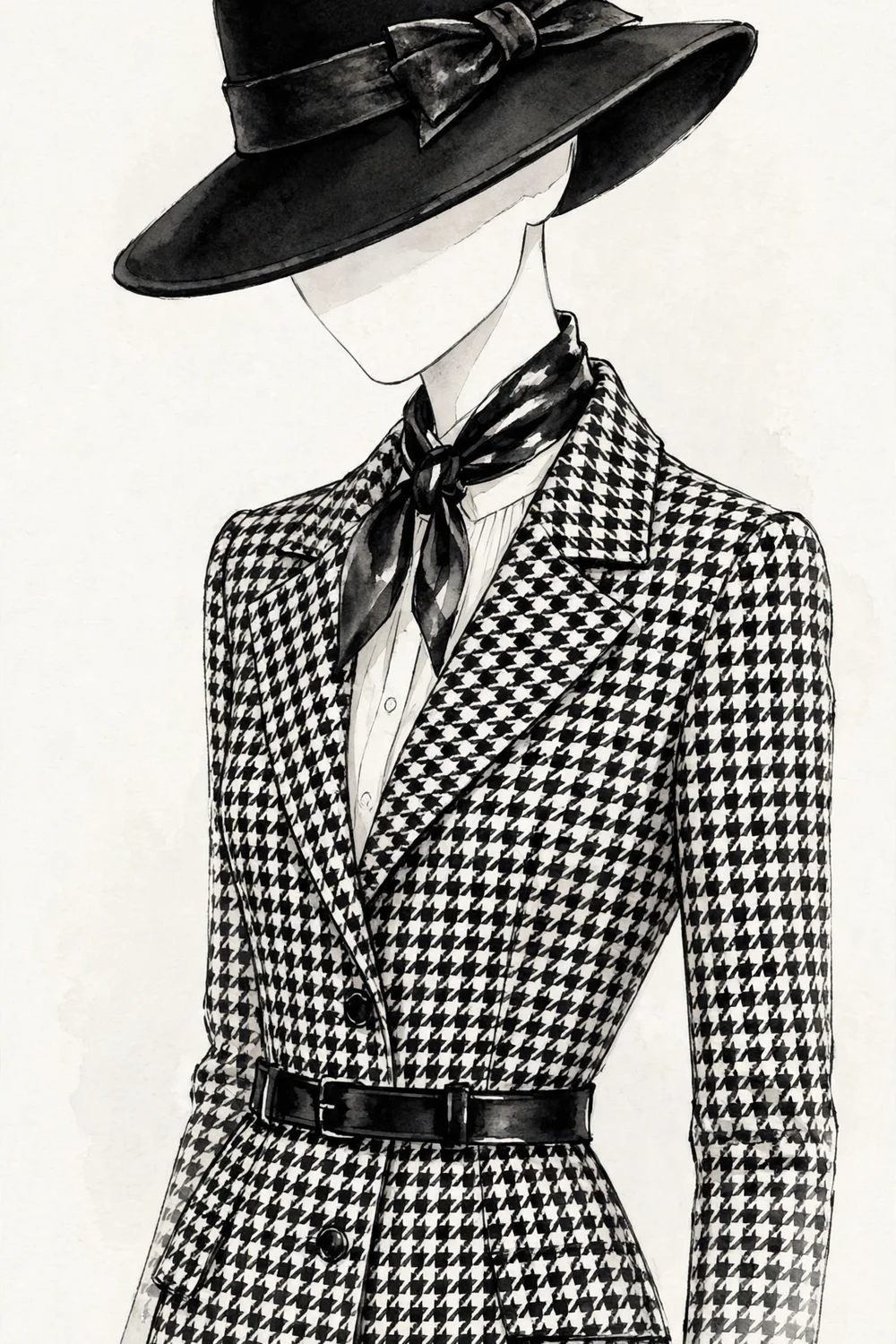 Faceless figure in a monochrome black-and-white Parisian outfit with a chic hat