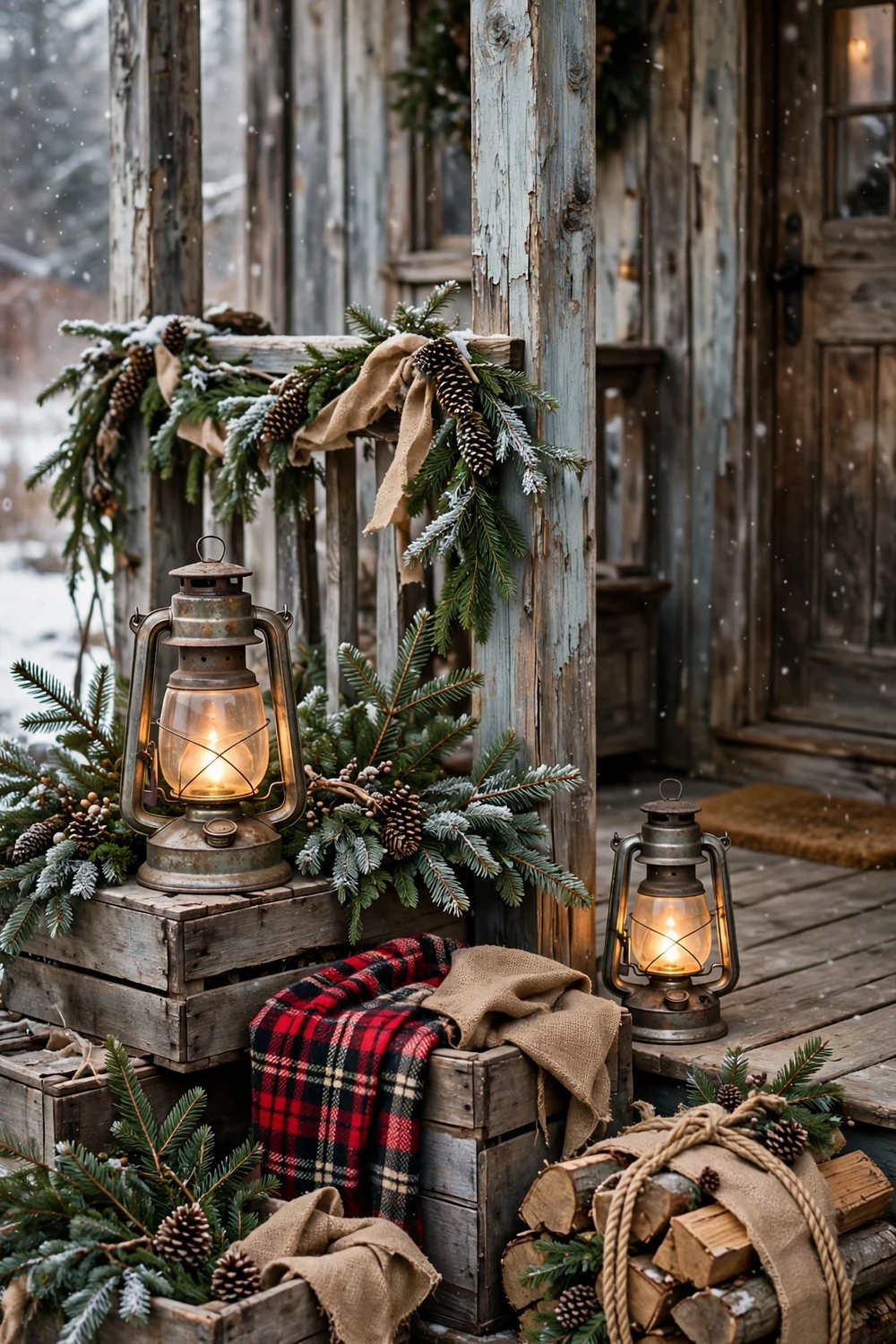 Rustic winter front porch with wooden crates, vintage lanterns and firewood