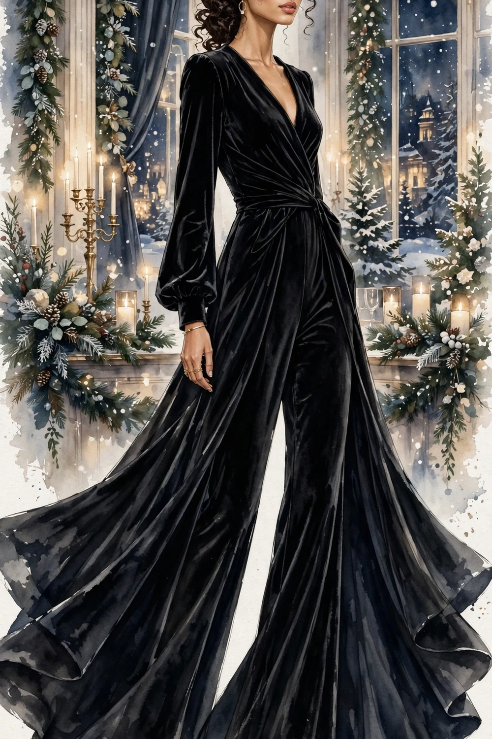Black velvet gown-illusion wide-leg jumpsuit for winter gala