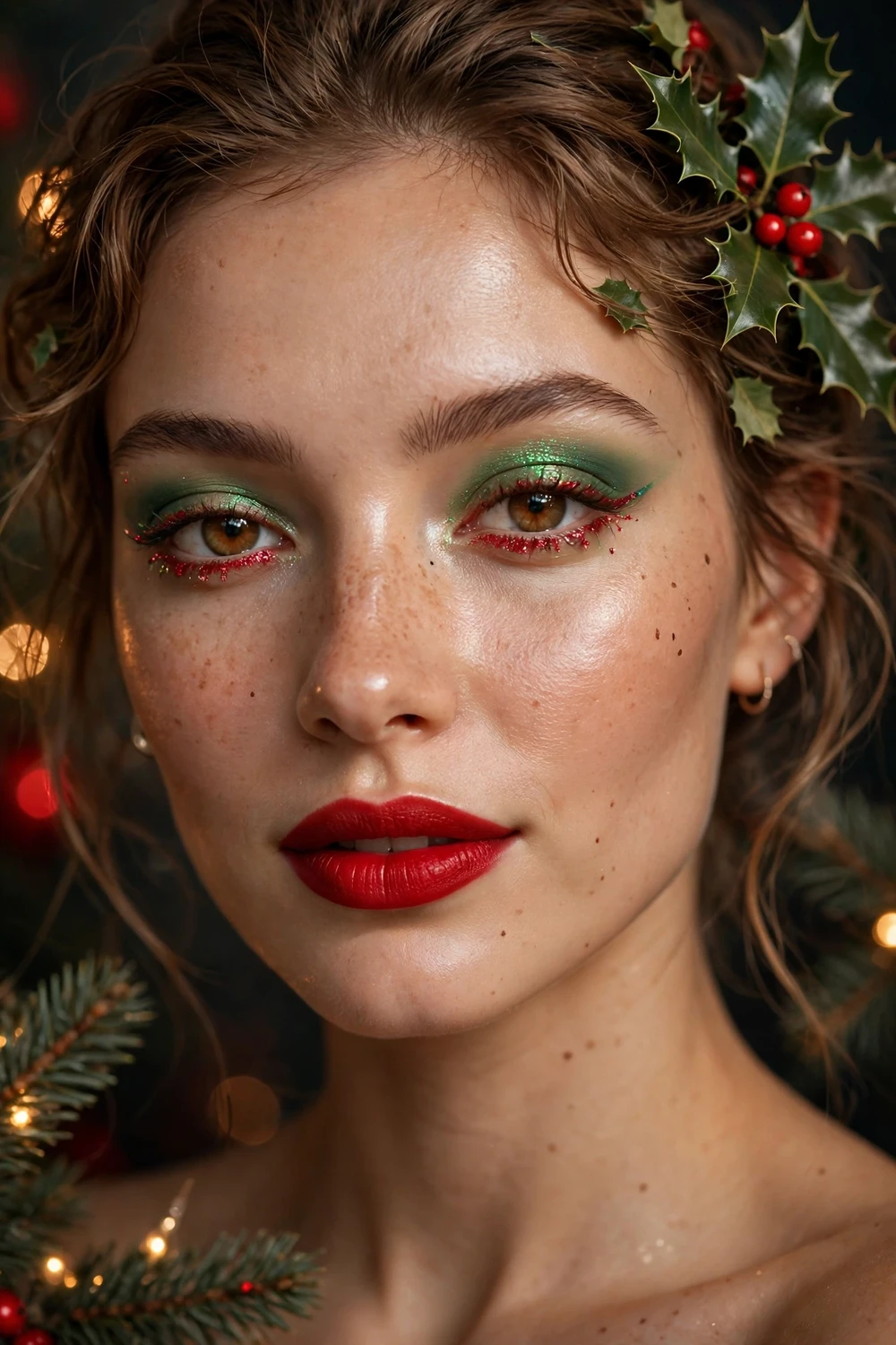 Holly berry Christmas makeup look with red and green festive eye accents and red lipstick