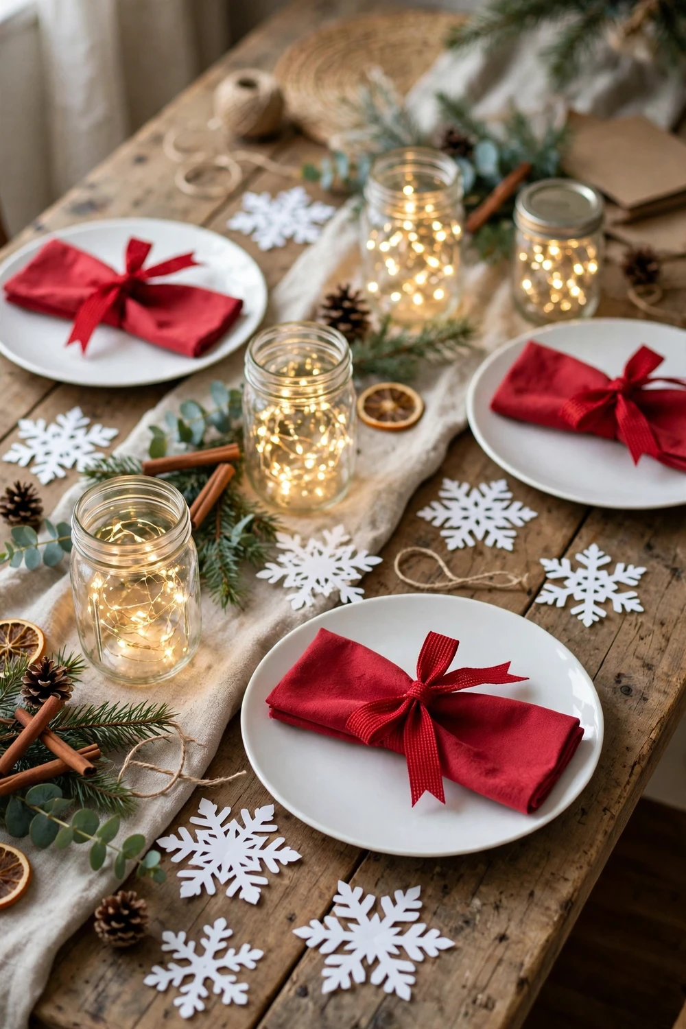 Budget-friendly Christmas table with white plates, red ribbon napkins, paper snowflakes and fairy lights in jars
