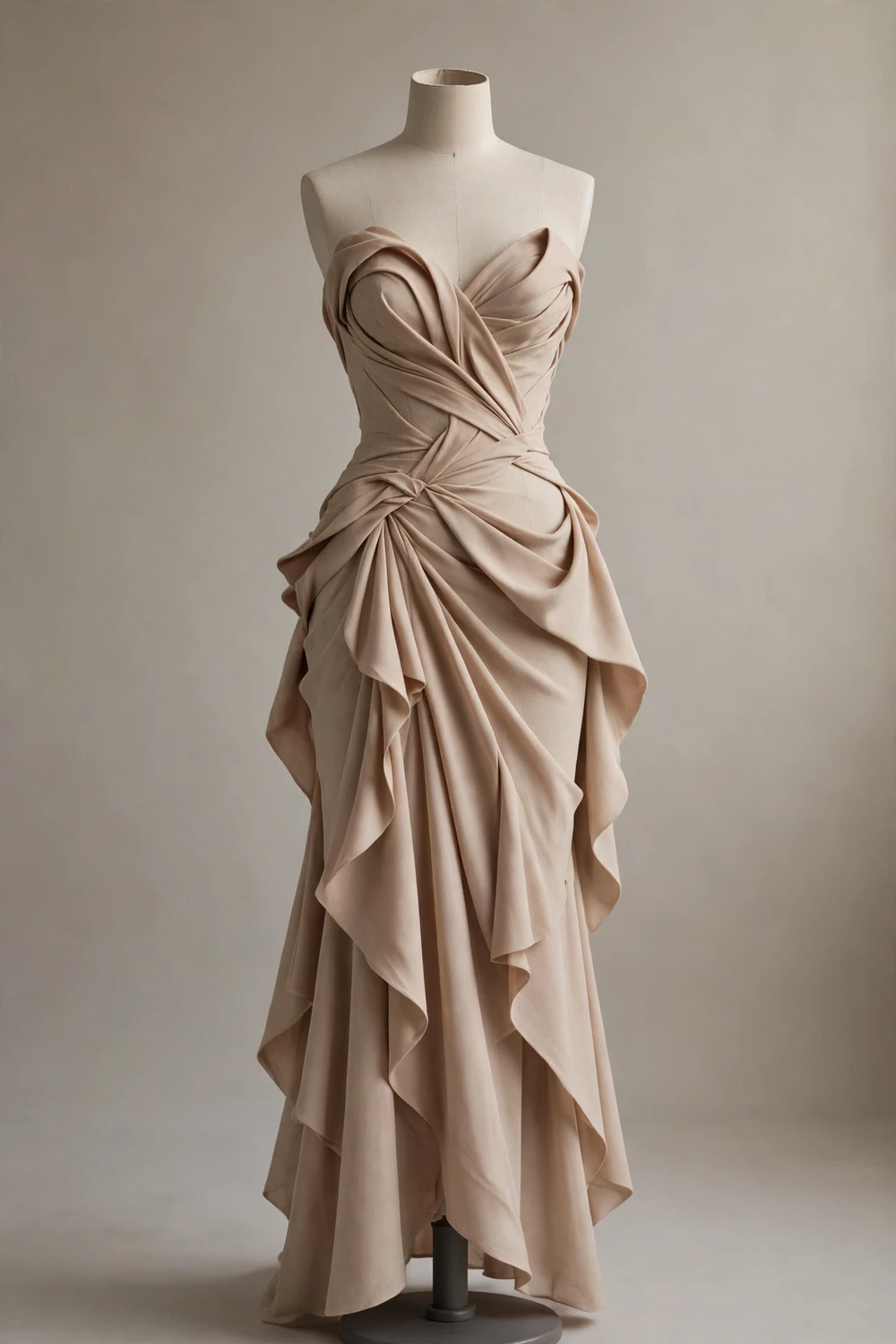 Nude-tone sculpted evening gown on a faceless dress form