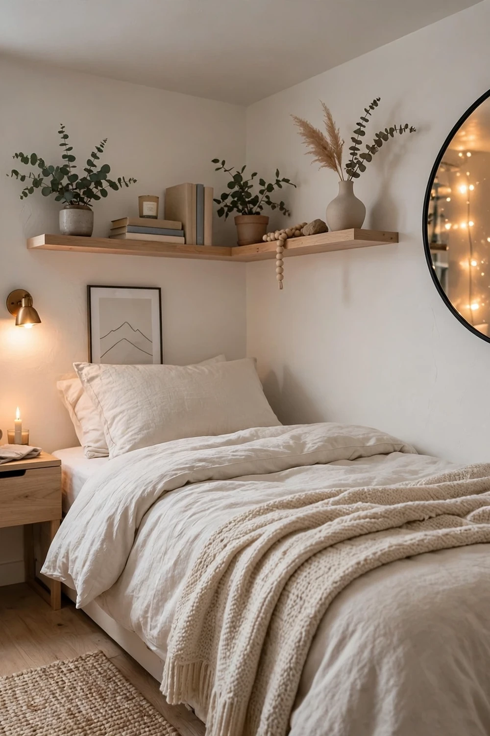 Small cozy winter bedroom with shelves and mirror