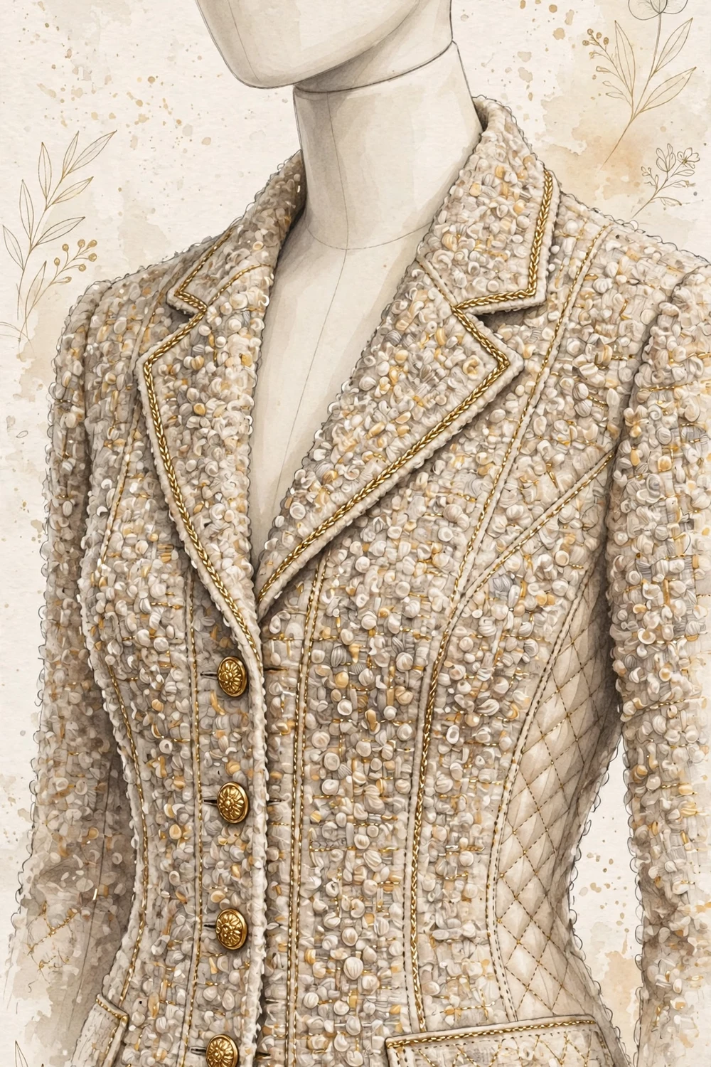 Textured boucle tweed jacket with gold buttons on a faceless mannequin