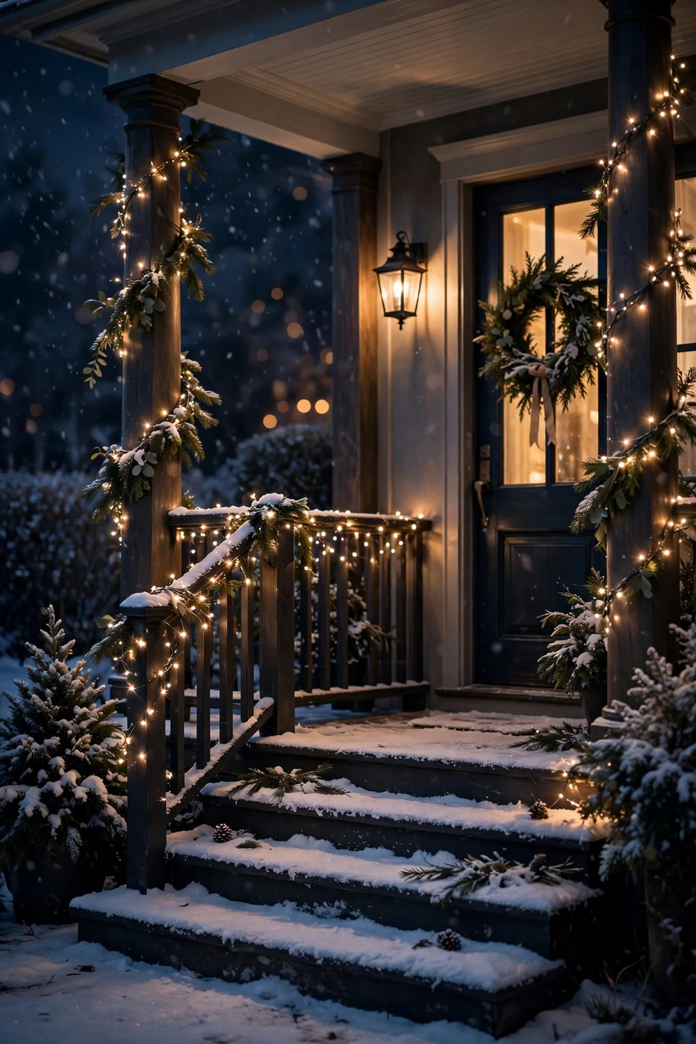 Elegant warm white twinkle lights on a winter front porch at night