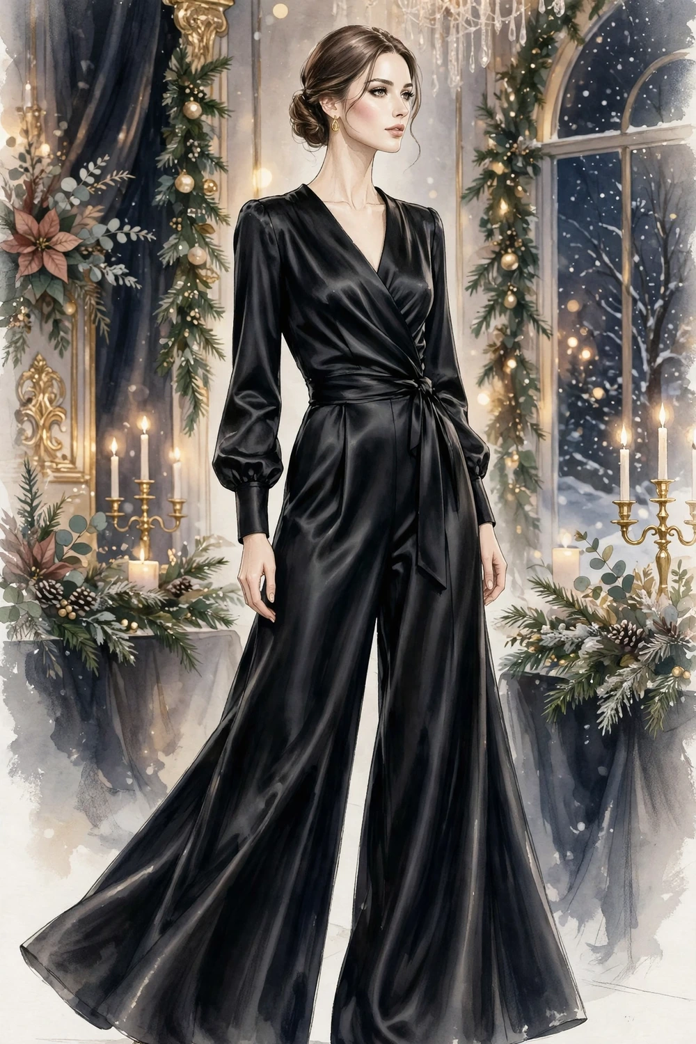 Satin wide-leg evening jumpsuit for winter gala look