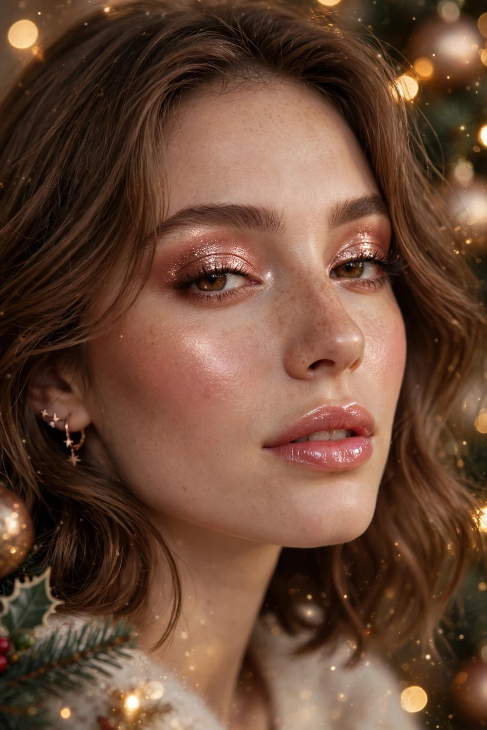 Rose gold festive Christmas makeup look with warm rose gold shimmer eyeshadow and glossy pink lips