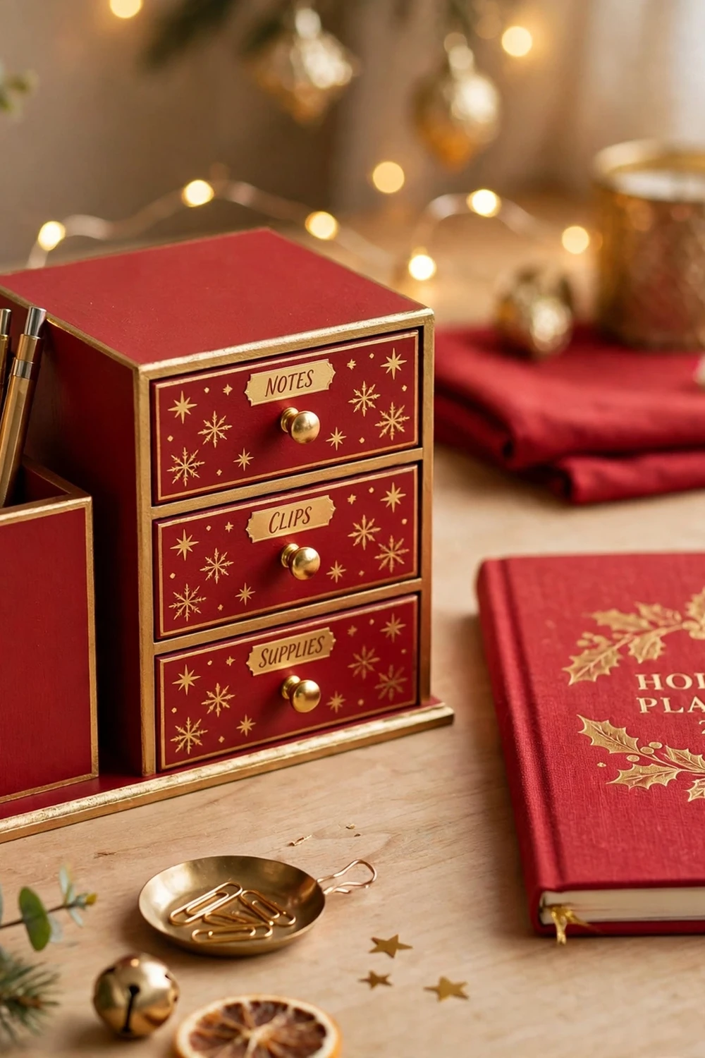 Festive desk organizer set in red and gold, a tidy teacher christmas gift