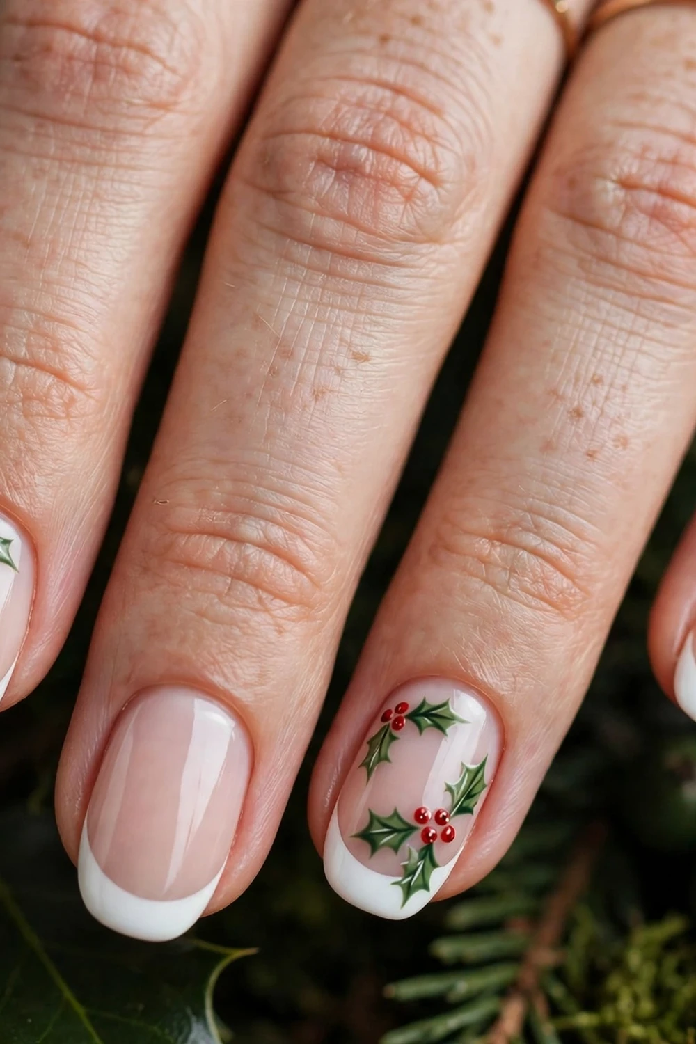 christmas french tip nails holly berry accent french tips