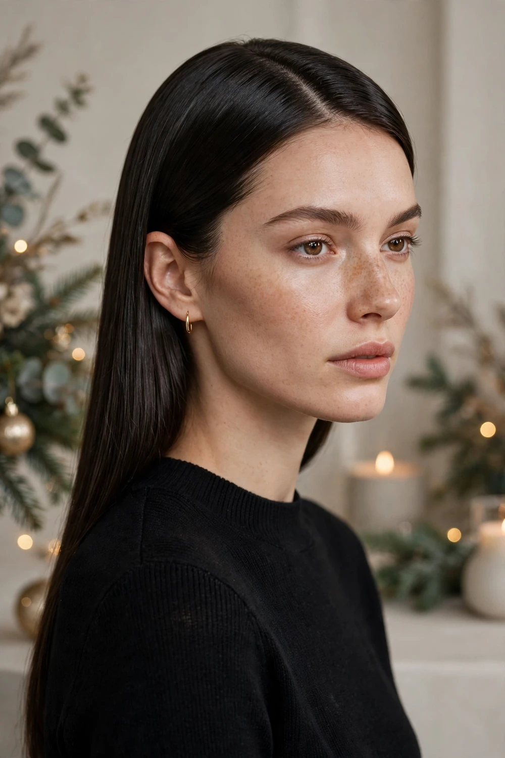 Sleek straight hair with side part Christmas party hairstyle