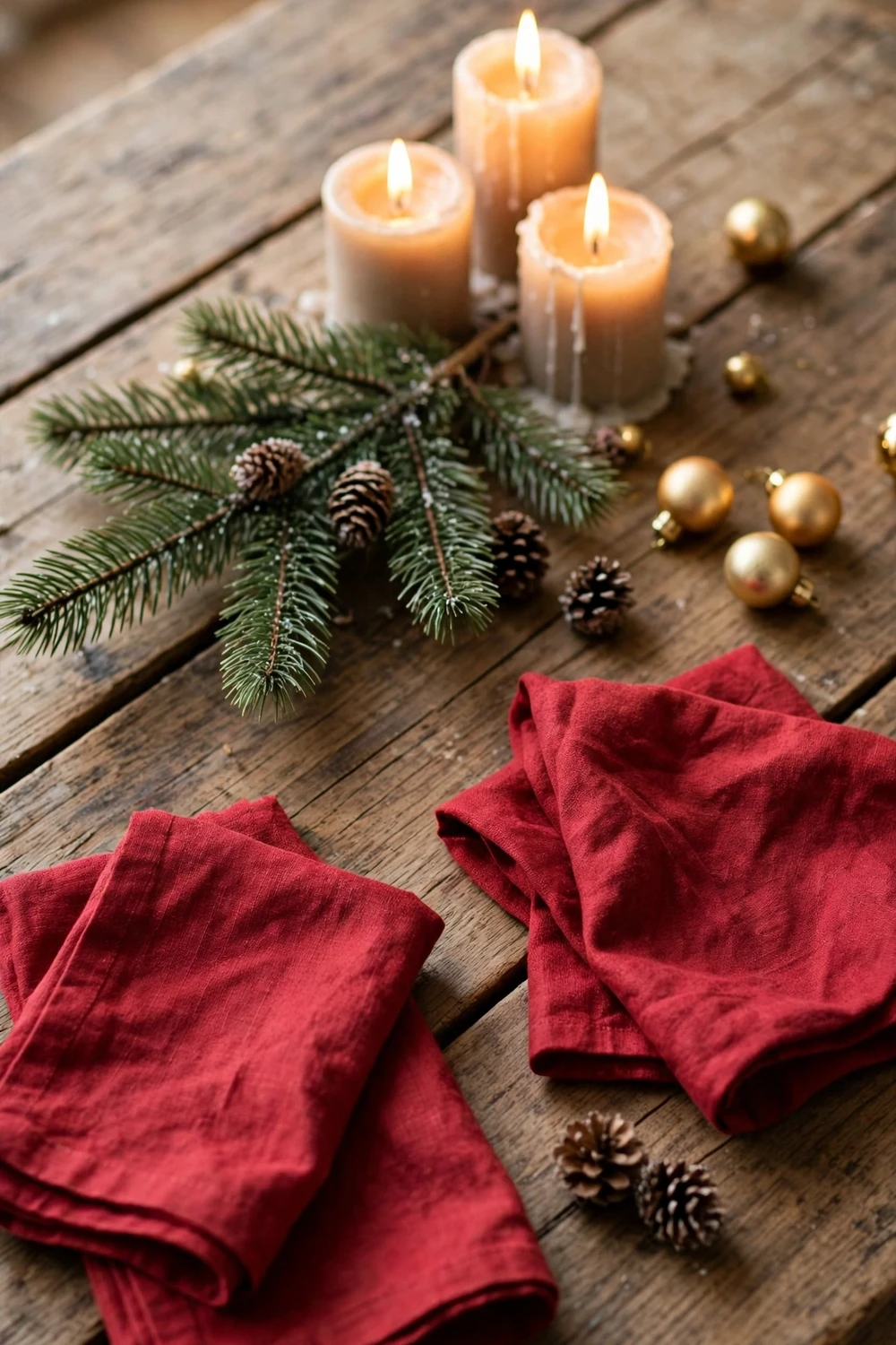Quick last-minute Christmas table with candles, a small pine branch, red napkins and gold ornaments