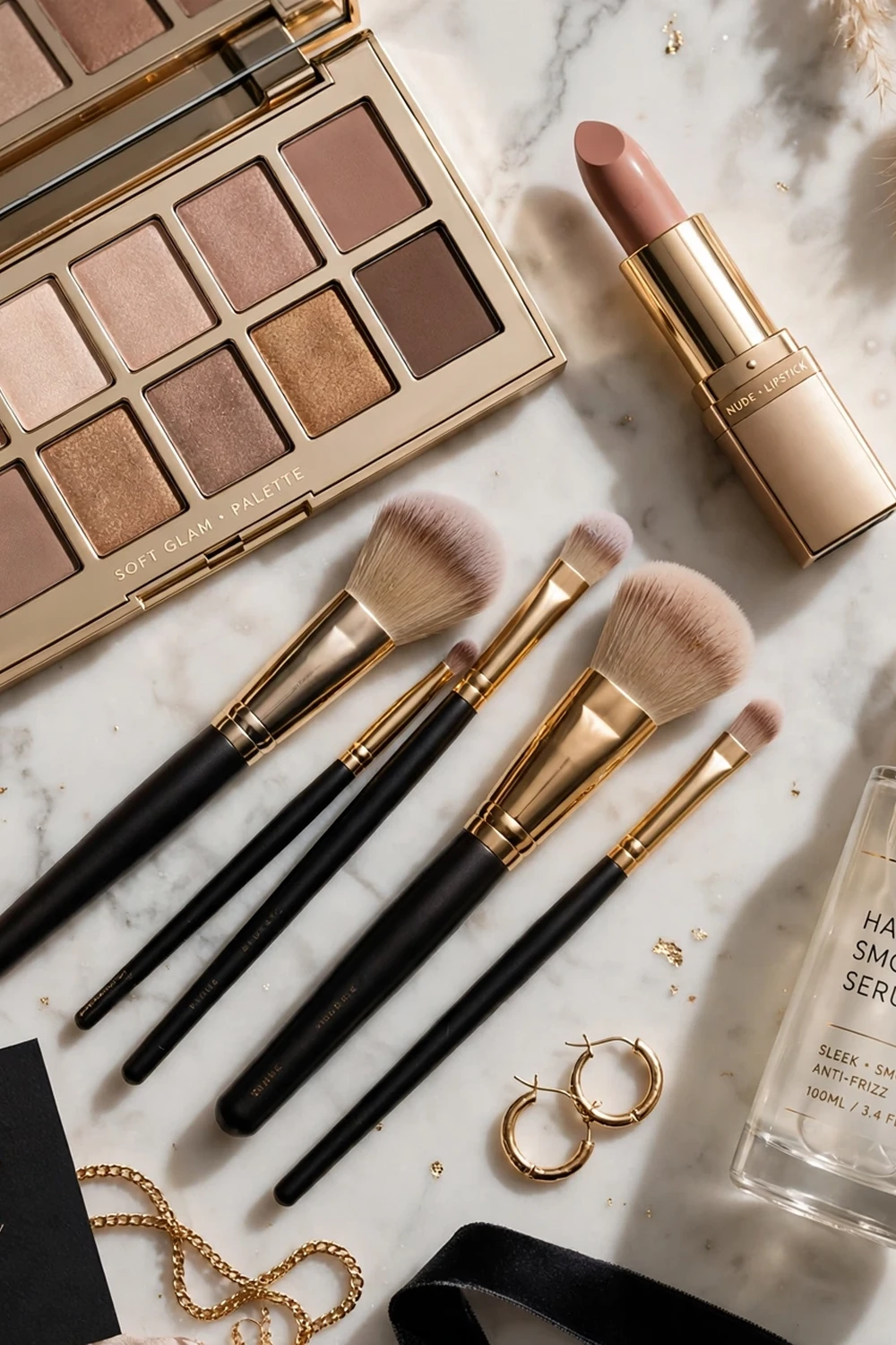 Red carpet beauty flat lay with makeup palette and lipstick
