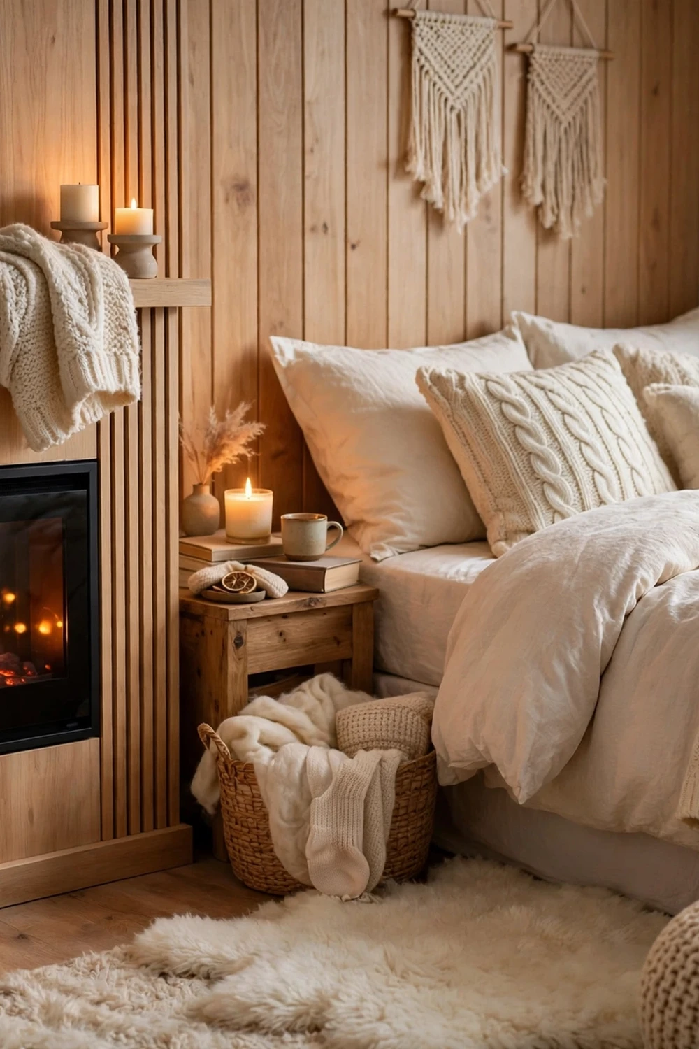 Cozy winter bedroom with glowing electric fireplace
