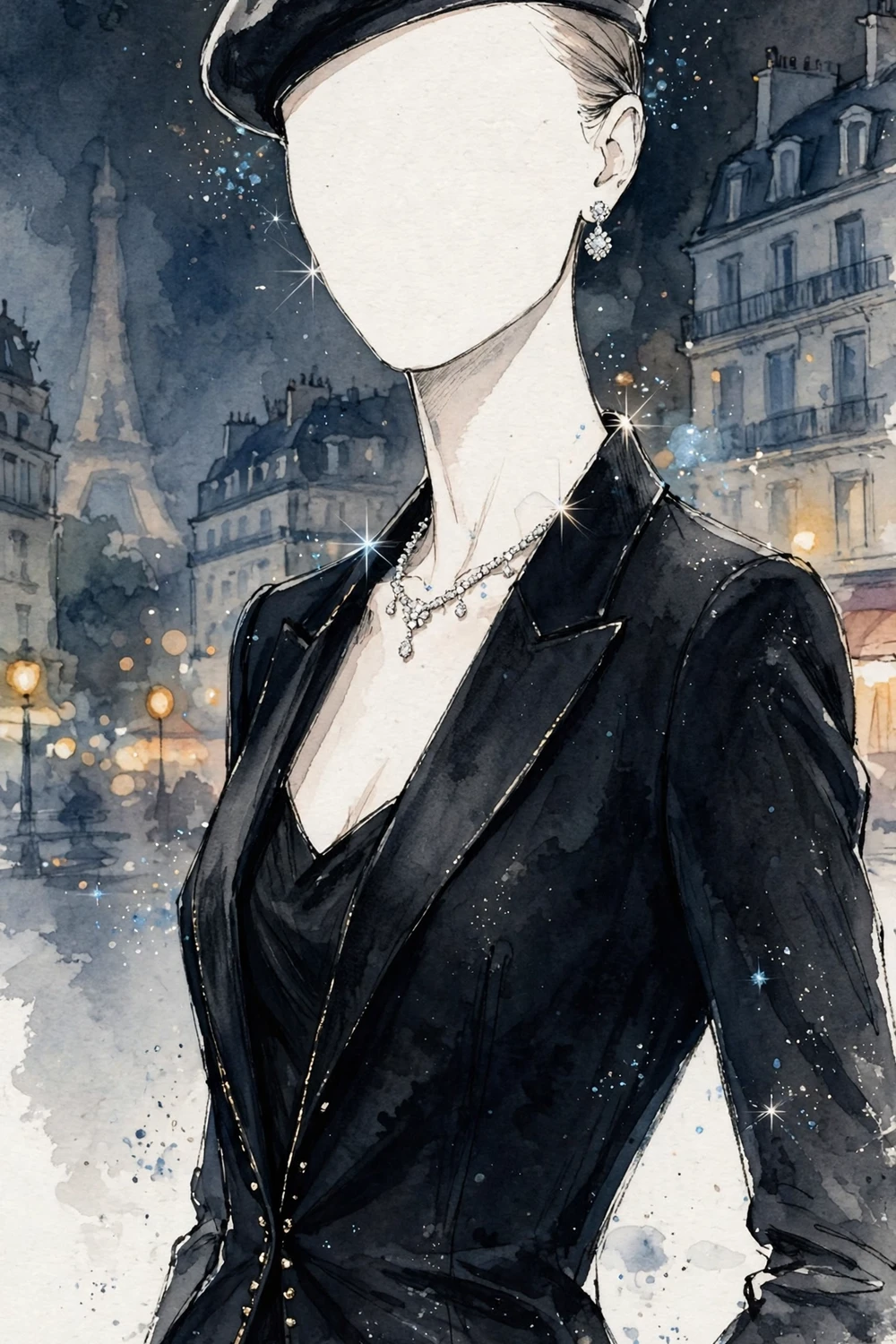 Faceless figure in a dark evening outfit with subtle sparkling diamond jewellery