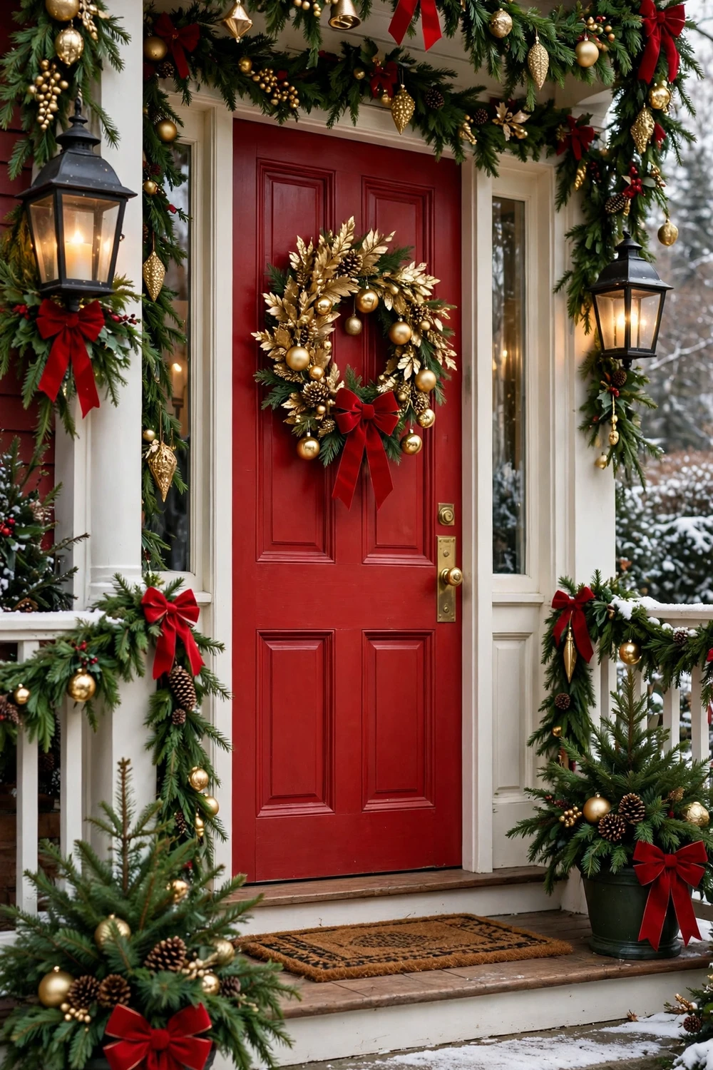 Festive red green and gold winter front porch decor