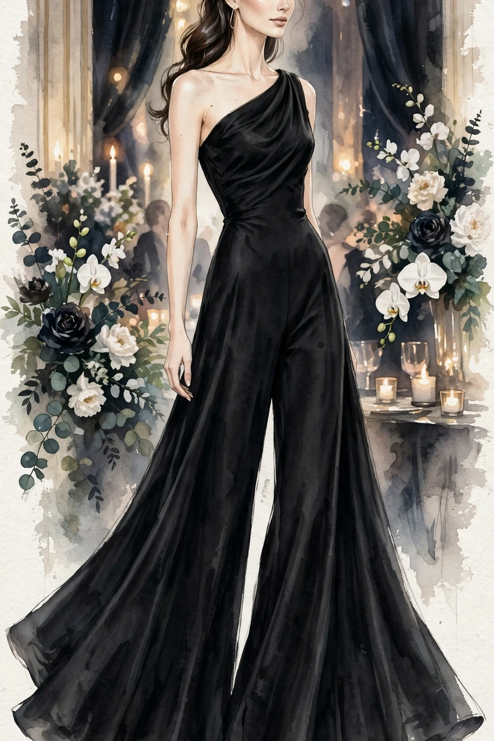 One-shoulder black gown-illusion wide-leg jumpsuit style