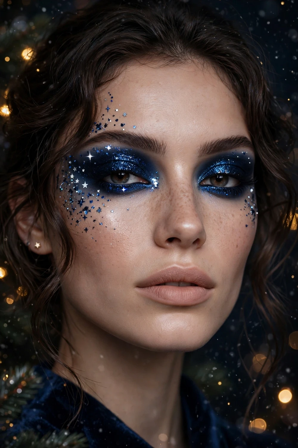 Midnight blue starry night Christmas makeup look with deep blue glitter eyeshadow