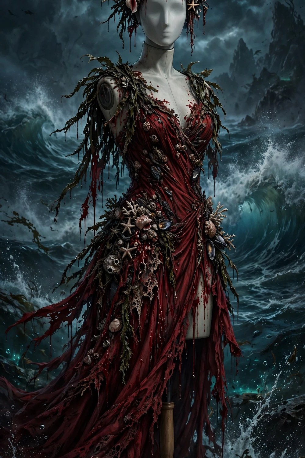 Bloody sea siren Halloween costume idea with red gown and seashell crown