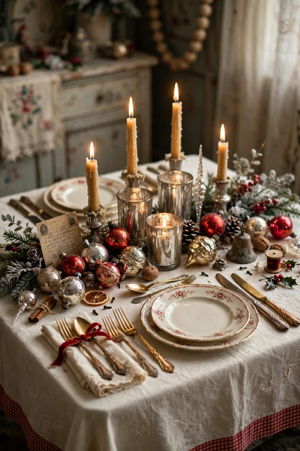 Vintage nostalgia Christmas table with antique gold cutlery, old-fashioned ornaments and mercury glass candle holders