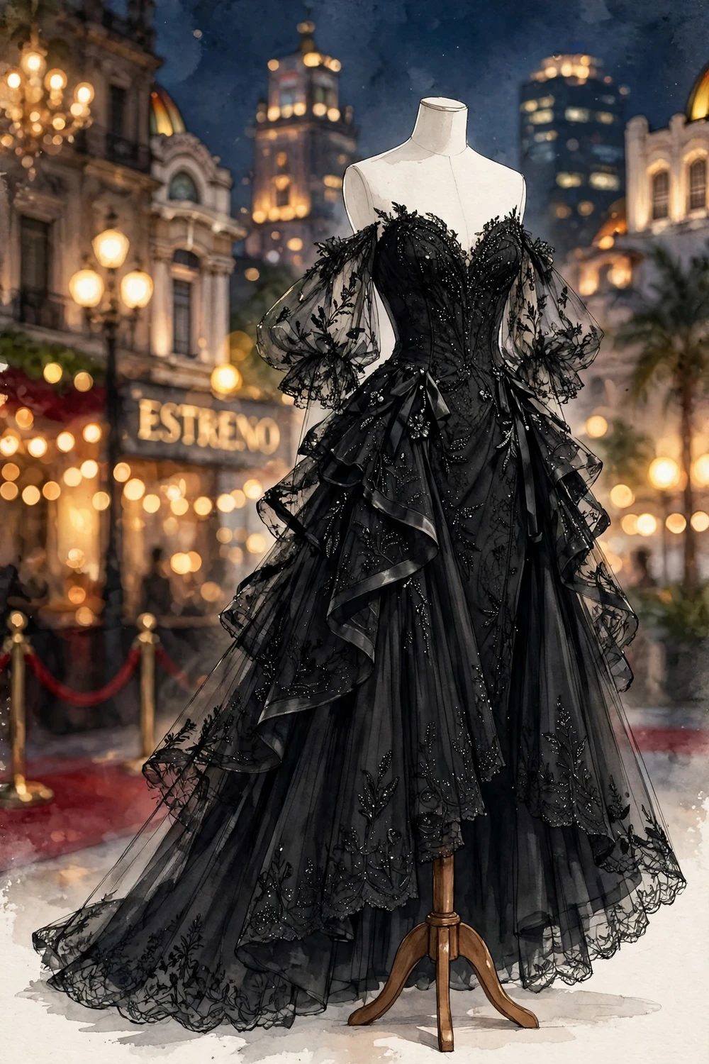Black couture gown against Mexico City night lights illustration