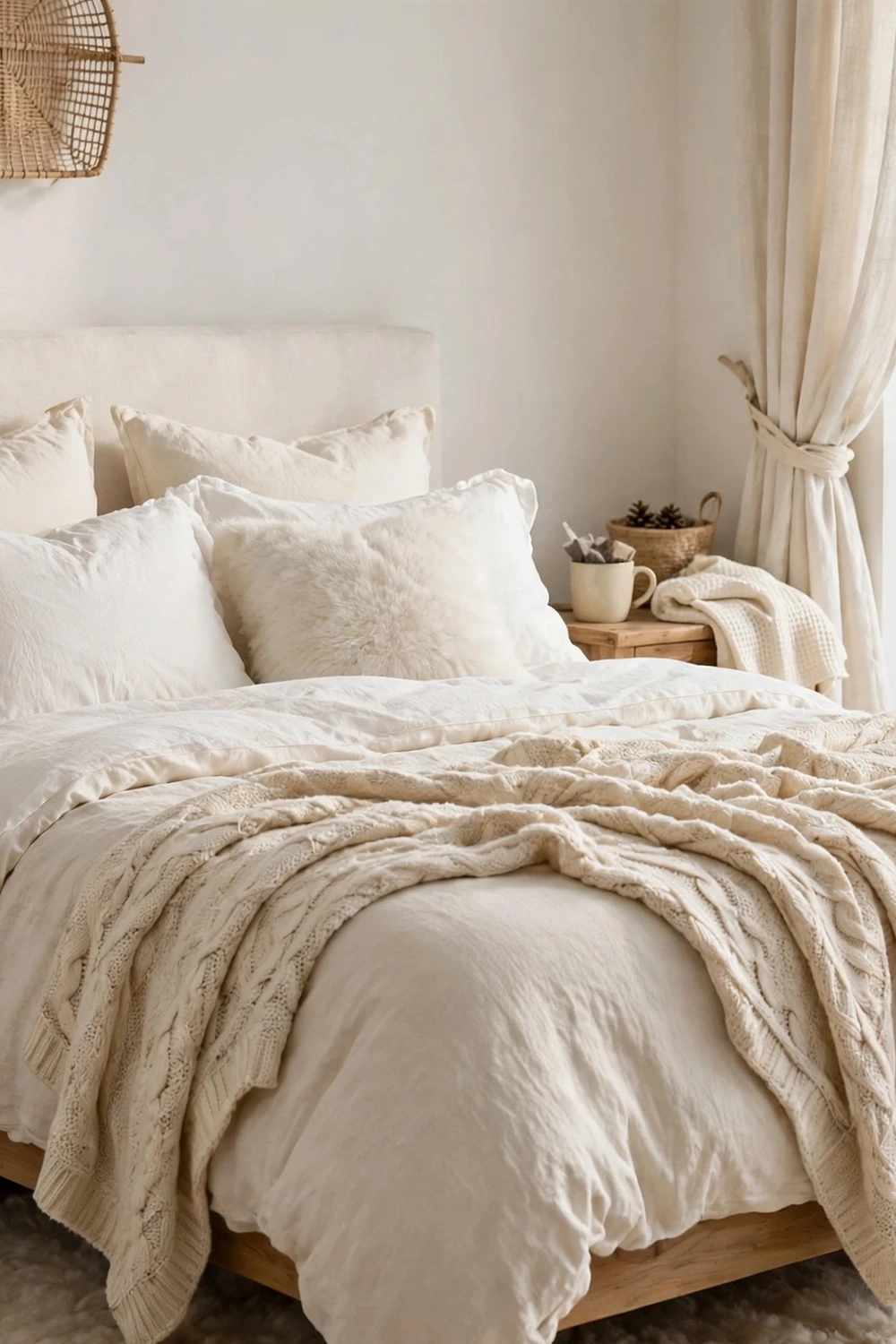 Bright cozy winter bedroom with white and cream bedding