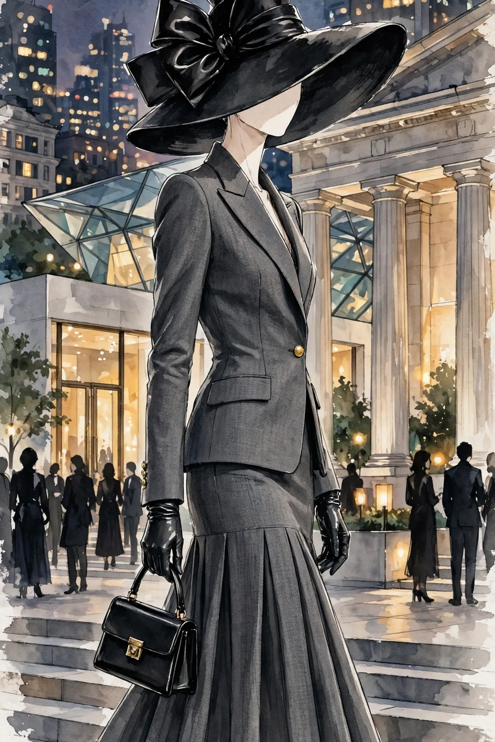 Faceless figure in a skirt suit and statement hat at a museum gala at night