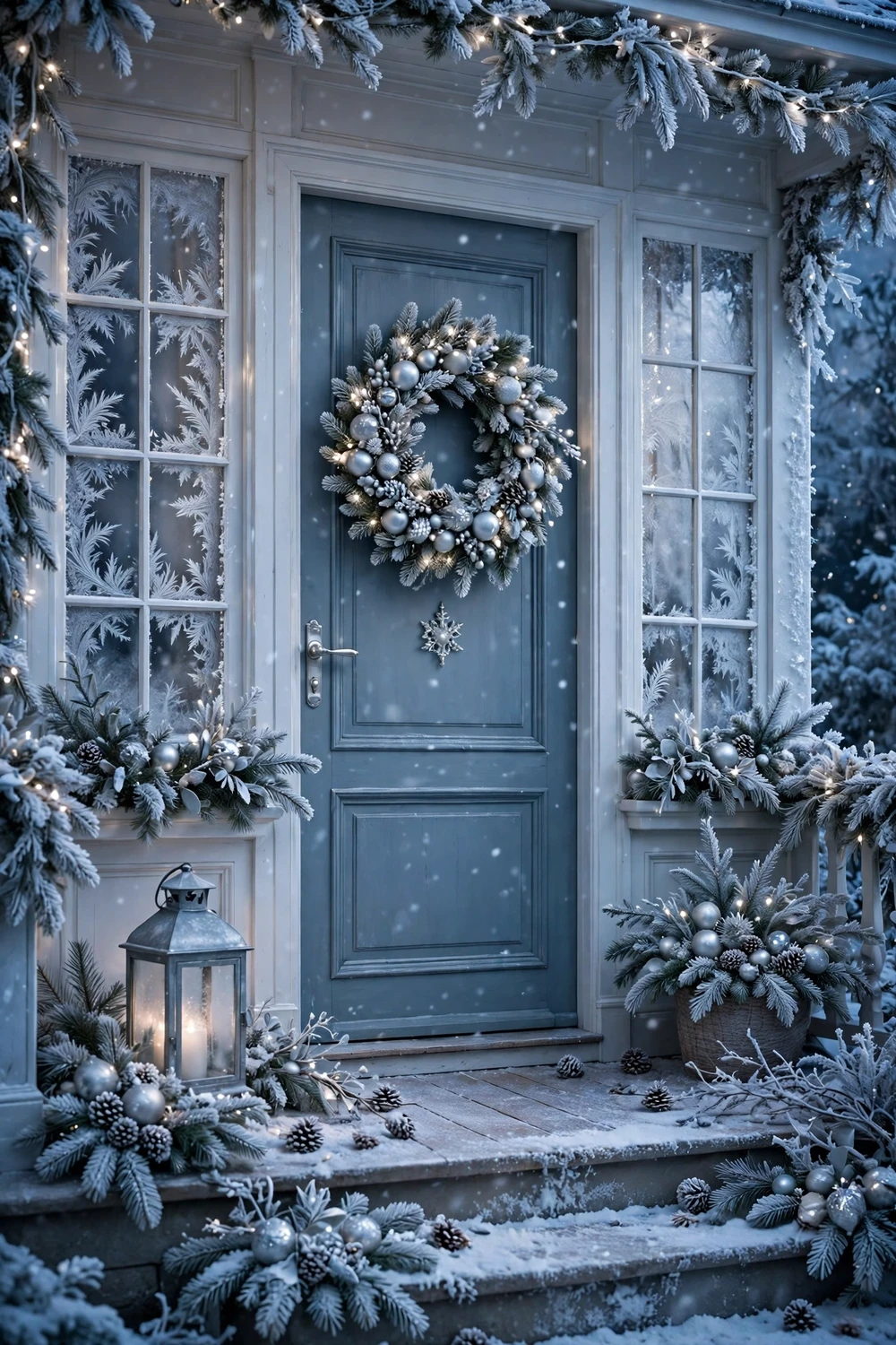 Icy blue and silver winter front porch with frosted evergreens