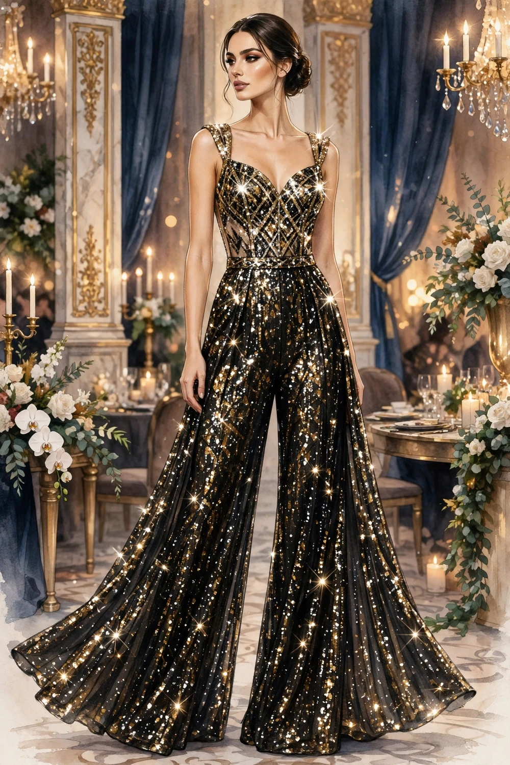 Sequin bodice evening jumpsuit with flowing wide-leg trousers
