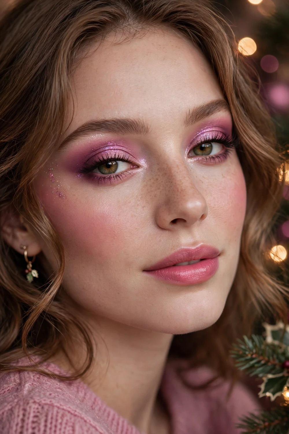 Sugar plum pink party Christmas makeup look with soft pink and plum eyeshadow and pink lipstick