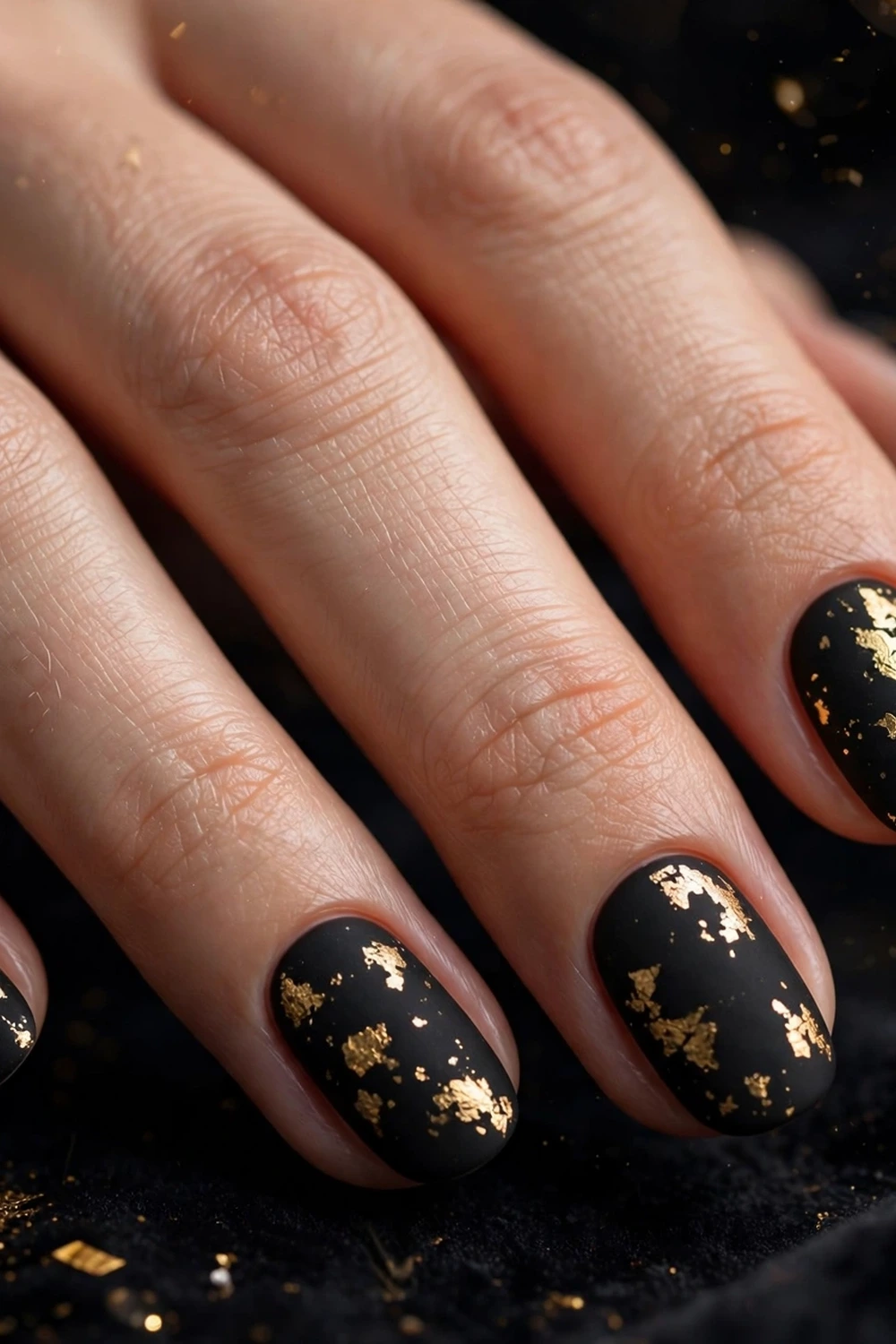 Black tie matte nails with gold foil new year nail ideas