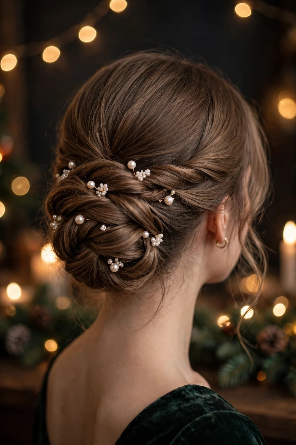 Accessorised updo with pearl clips Christmas party hairstyle