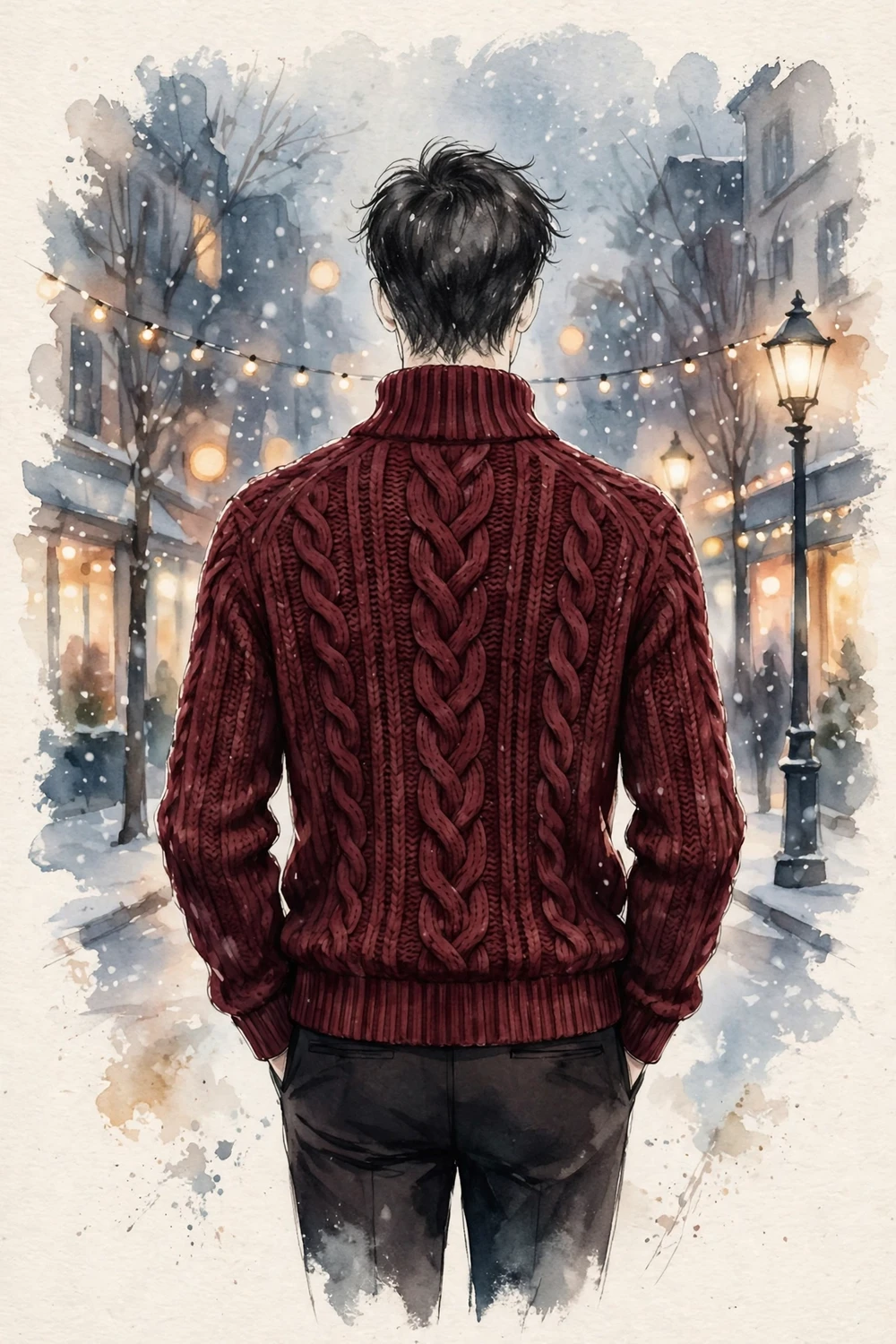 Warm burgundy knit sweater menswear look for winter evenings