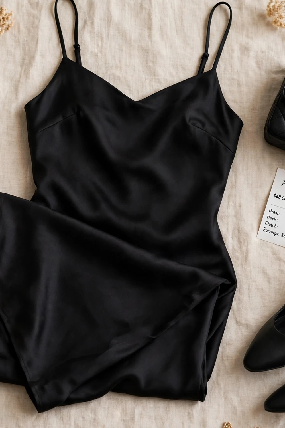 Affordable elegant evening outfit flat lay with black dress and heels
